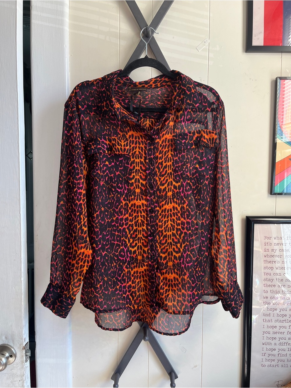i jeans by Buffalo Sheer Leopard-Print Blouse in Orange and Black